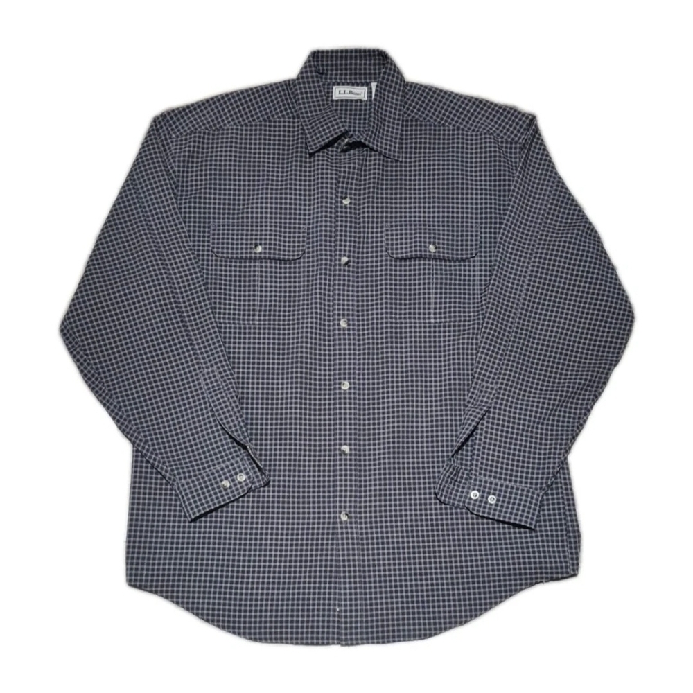 LL Bean Mens Long Sleeve Button Down Shirt Polyester Plaid Size L MadeIn Jamaica